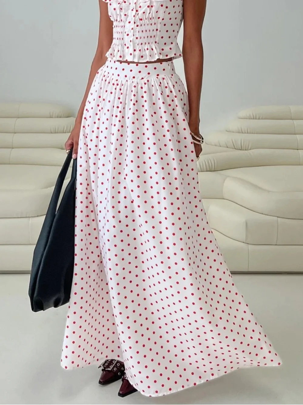 Princess Polly White Maxi Skirt with Red Polka Dots
